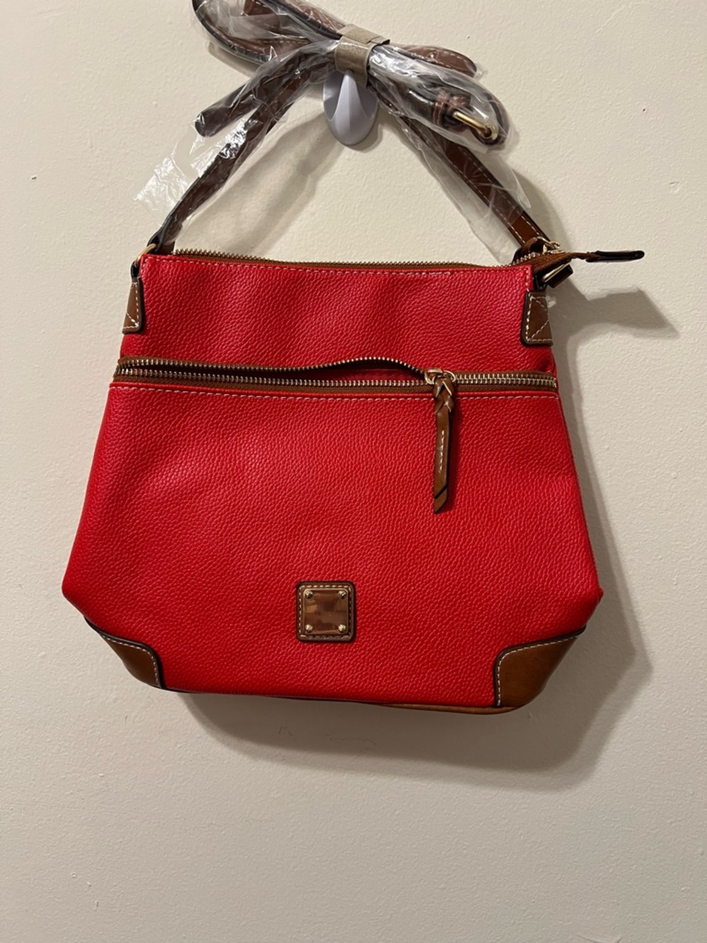 Red Pebble Leather Crossbody with Brown Trim